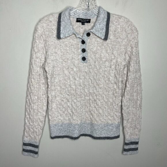 CENTRAL PARK WEST Sweater Women XS Bobbie Polo Pullover Gray Cable Knit Collared - Picture 3 of 15